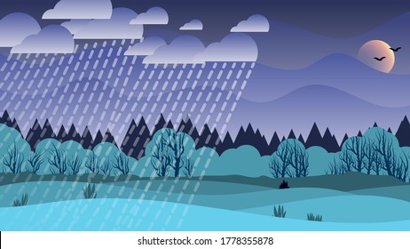 turquoise and azure fields and hills with bushes against the background of trees and forests under a dark sky with clouds with rain and a dim sun, silhouettes of flying birds. autumn natural landscape. vector