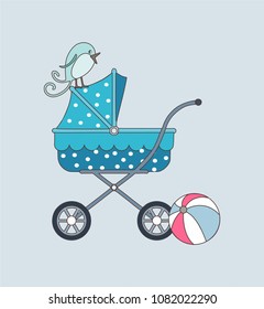 Turquoise baby carriage with ball and little birdie