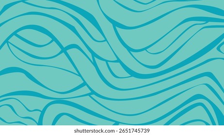 Türkisfarbene Kulisse mit fließenden tiefen, türkisfarbenen Kurven, die Unterwasserbewegungen im modernen abstrakten Stil darstellen.