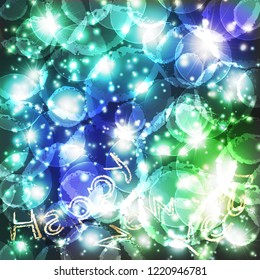 Turquoise background with bokeh. Bright shiny green blue background with circles and flashes of light.