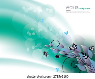 Turquoise Background with Bright Leaves and Butterflies.