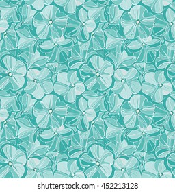 Turquoise background. Floral seamless pattern. Petunia flower.