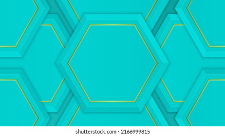 turquoise background vector with hexagon design and golden lines