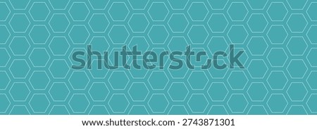 Turquoise background with white outline hexagons. Blue seamless pattern of honeycomb grid. Abstract futuristic background with line hexagon mosaic, vector illustration