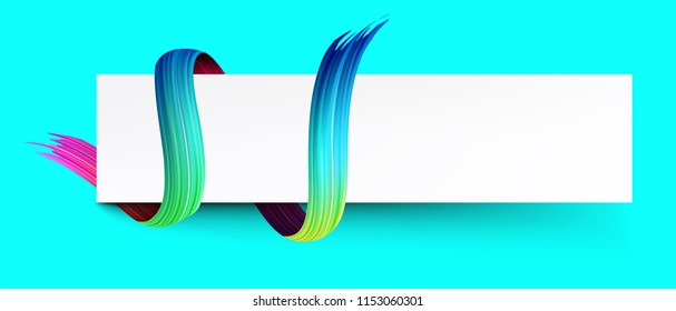 Turquoise banner with white frame and spectrum watercolor, acrylic or gouache wavy brush stroke. Colorful gradient brush design. Abstract template. Vector art illustration.