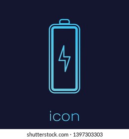 Turquoise Battery line icon isolated on blue background. Lightning bolt symbol. Vector Illustration