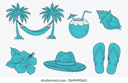 Turquoise beach holiday icon set. Palm hammock, coconut cocktail, conch shell, hibiscus flower, sun hat and flip-flops drawn in cool blue. Relaxed island vacation clipart	