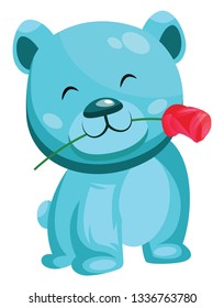 Oso turquesa sosteniendo una rosa roja en su ilustración del vector de la boca sobre fondo blanco.