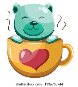 Urso-turquesa em um copo amarelo com um coração vermelho na ilustração vetorial no fundo branco.
