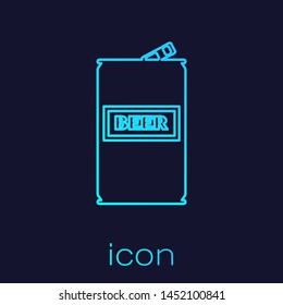 Turquoise Beer can line icon isolated on blue background. Vector Illustration