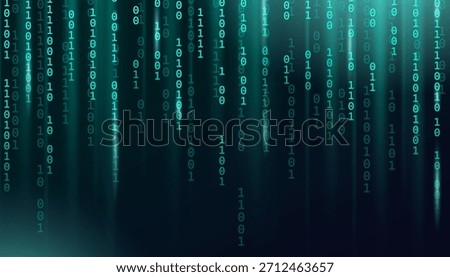 Turquoise binary code. Futuristic flying 0 and 1 numbers,  cyberspace wallpaper with abstract matrix technology .programming, coding, hacker concept, cyber security,  digital data network .Vector 