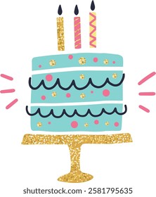 Turquoise birthday cake featuring three lit candles, resting on a golden stand, boasts delightful pink and gold sprinkles along with wavy frosting, perfect for celebrations