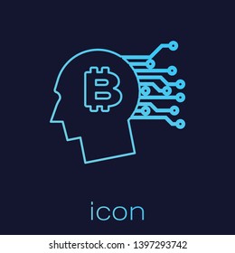 Turquoise Bitcoin think line icon isolated on blue background. Cryptocurrency head. Blockchain technology, bitcoin, digital money market, cryptocoin wallet. Vector Illustration