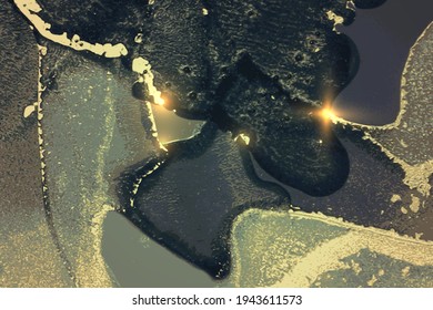 Turquoise, black and gold pattern with texture of marble and sparkles. Abstract vector background in alcohol ink technique. Modern paint with glitter. Template for banner, poster design. Fluid art