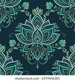 Turquoise and black luxury vector seamless pattern. Ornament, Traditional, Ethnic, Arabic, Turkish, Indian motifs. Great for fabric and textile, wallpaper, packaging design or any desired idea.