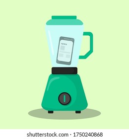 Turquoise blender with a mobile phone inside, with the image of a news feed. Digital and news detox