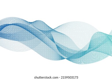 Líneas de onda abstracta azul turquesa que simulan un fluido horizontalmente sobre un fondo blanco con un patrón punteado, ideal para la tecnología, la música, la ciencia y el mundo digital