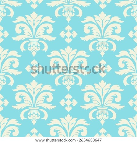Turquoise Blue Cream Damask Fleur de Lis Seamless Pattern Vector Background Wallpaper Design