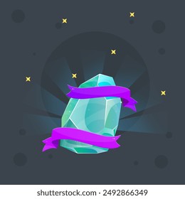 Turquoise Blue Crystal Gem Magic Esoteric Icon Game Badge With Stars And Ribbon Isolated Vector Design