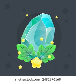 Turquoise Blue Crystal Gem Magic Esoteric Game Icon With Green Branches And Stars Isolated Vector Design
