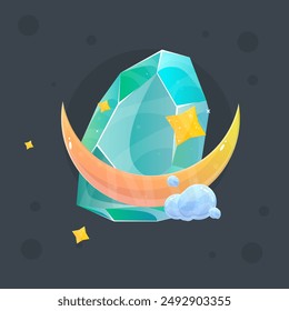 Turquoise Blue Crystal Gem Magic Esoteric Game Icon With Moon Stars And Clouds  Isolated Vector Design