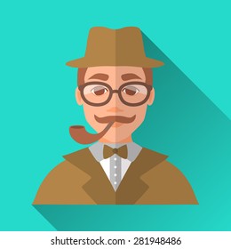 Turquoise blue flat style square shaped male character icon with shadow. Illustration of a detective or a hipster man with moustache wearing brown suit, bow tie, a hat and glasses smoking a pipe.