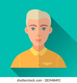 Turquoise blue flat style square shaped male character icon with shadow. Illustration of a young blonde hipster man with stylish haircut wearing a yellow shirt.