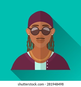 Turquoise Blue Flat Style Square Shaped Male Character Icon With Shadow. Illustration Of An African American Rapper Man With Moustache And Braided Hair Wearing Gold Chain And Round Sunglasses, .