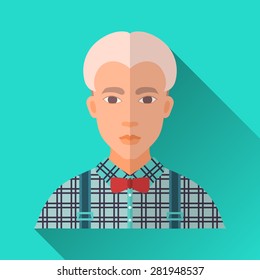 Turquoise blue flat style square shaped male character icon with shadow. Illustration of a young blonde hipster man with stylish haircut wearing a blue check shirt, suspenders and a red bow tie .