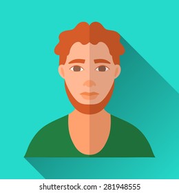 Turquoise blue flat style square shaped male character icon with shadow. Illustration of a ginger-haired bearded irish man wearing a green shirt.