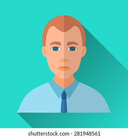 Turquoise blue flat style square shaped male character icon with shadow. Illustration of a businessman wearing official work clothing: blue shirt and a tie.