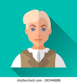 Turquoise blue flat style square shaped male character icon with shadow. Illustration of a young blonde aristocratic man wearing a white blouse and a vest.