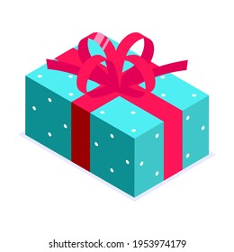 Turquoise blue gift box with red bow. Gift for party, celebration, special event like birthday, christmas, valentines day. Modern vector illustration in isometric style. Isolated on white background.