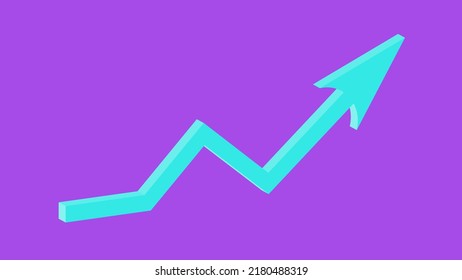 Turquoise Blue green growing up 3d large neon arrow sign isolated on purple background. Inflation Bar chart. Graph. Finance and Economy. Market volatility. Financial planning. Medicine technology. IT