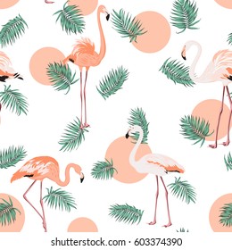 Turquoise blue green tropical jungle palm tree leaves. Exotic flamingo wading birds. Red pink sun circle dot. Seamless pattern texture on white background.