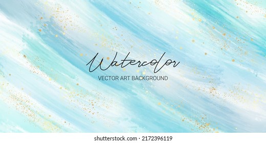 Turquoise blue liquid watercolor background with brush strokes, stains and glitter. Pastel cyan mint marble alcohol ink drawing effect. Vector illustration design template for wedding invitation