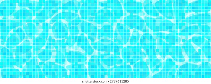 Turquoise blue mosaic pool background with a square tiles overlaid with a wavy, sun-drenched water ripple effect