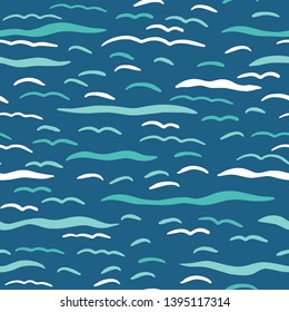Turquoise blue ocean waves seamless vector pattern. Hand drawn seaside beach water tile. Wavy aqua all over print for seafaring blog, nautical textile, maritime home decor. Wet lake, river, sea fabric