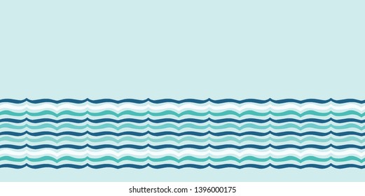 Turquoise blue ocean waves seamless vector border pattern. Hand drawn seaside beach water tile. Wavy aqua banner for seafaring blog, nautical textile, maritime home decor. Wet lake, river, sea fabric