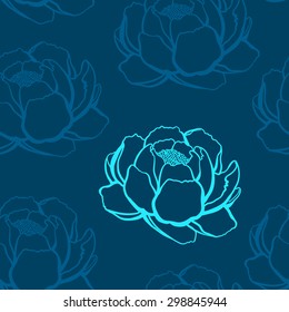 turquoise and blue outline roses on a blue background