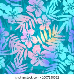 Turquoise blue and pink colors tropic flowers and leaves silhouettes vector seamless pattern