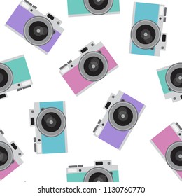 turquoise, blue, pink and purple retro camera pattern seamless vintage photo hipster vector.