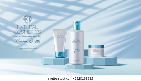 Turquoise blue podium with cosmetics mock up on product display, vector background. Premium skincare cosmetics, face cream or moisturizer and lotion containers on blue turquoise podium pedestals - Shutterstock ID 2320189815