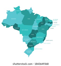 Turquoise blue political map of Brazil. Administrative divisions - states. Simple flat vector map with labels.