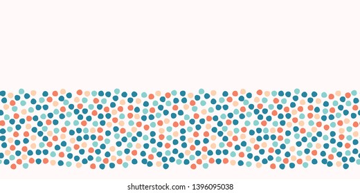 Turquoise blue polka dot circles. Vector pattern seamless border background. Hand drawn texture style. Tiny small dotty edging illustration. Trendy nautical home decor, maritime fashion ribbon trim.