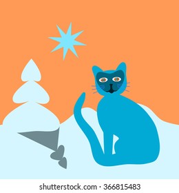 Turquoise blue psychedelic cat, with racoon mask, flopping tail - in snowy landscape with small spruce, under orange sky with star.
