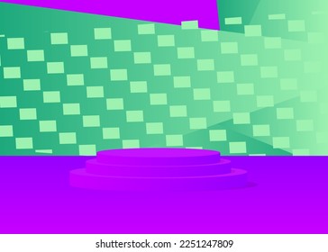 Turquoise blue and purple product display. Vector 3D room, cylinder pedestal podium. Stage showcase for presentation. Futuristic Sci-fi minimal geometric forms, empty scene.