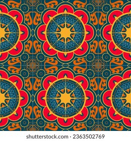 Turquoise blue red Mosaic pattern ornament, Moroccan vintage ornament as backgrounds, for fabric, wallpaper, textile, websites, home decor (pillows, towels, napkins), tableware