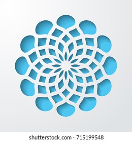 Decoración de corte 3d, con sombra, de color azul turquesa. Simple plantilla de corte láser de patrón circular de mandala. Invitación a la boda o diseño de tarjeta de felicitación. Ilustración del vector 