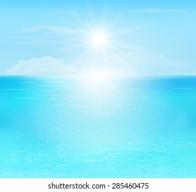 turquoise and blue sea, sun with ray and clouds on blue sky, vector illustration